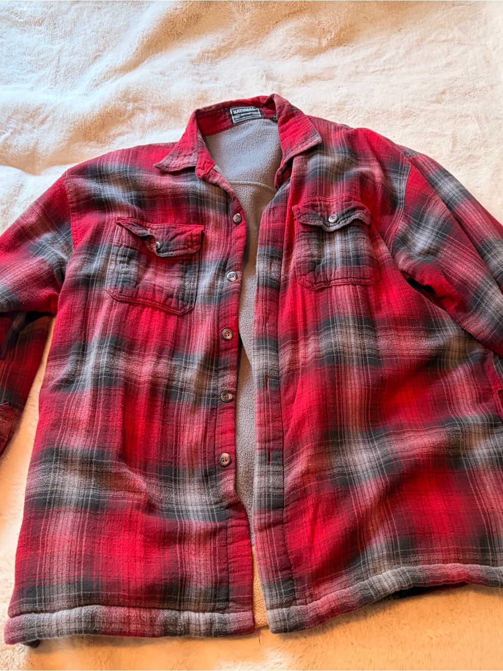 Vintage Red Black Plaid Flannel Jacket Shirt Fleece Lined Button Up